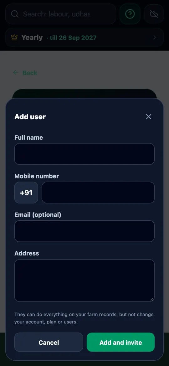 Users screen to add a family member or helper by name and mobile number
