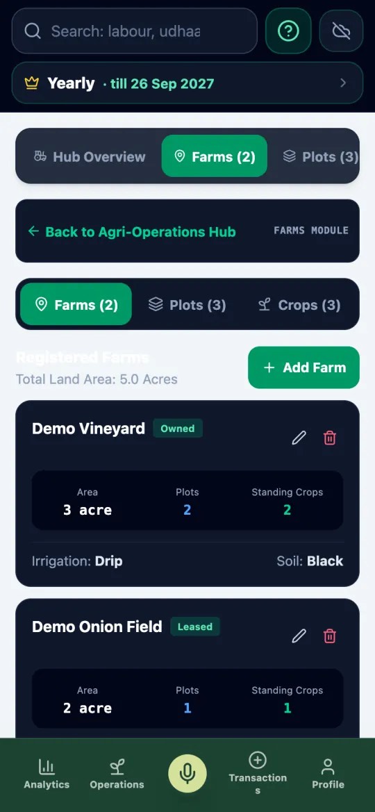 Farms screen listing the demo vineyard and onion field with their area