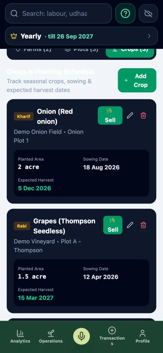 Crops screen with grapes and onion, their variety, farm and sowing date