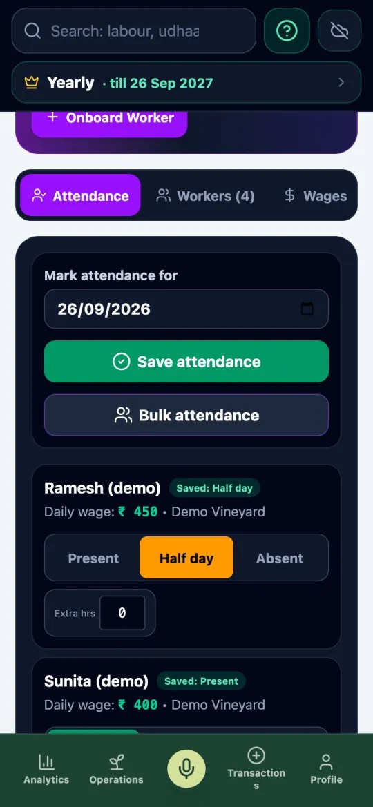 Labour attendance screen with present, half day and absent buttons for each worker