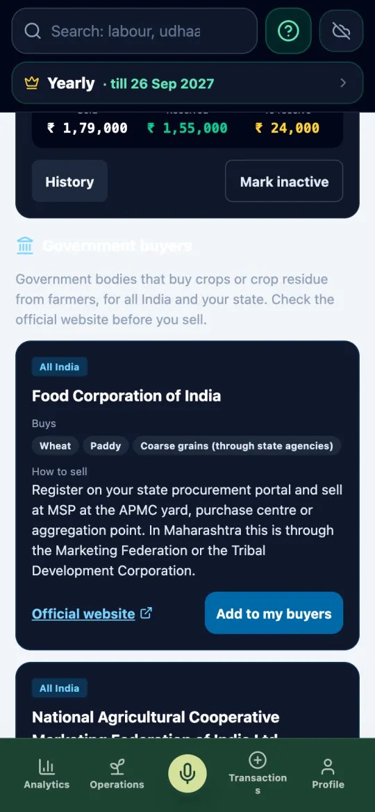 Government buyers listed below the farmer’s own buyers