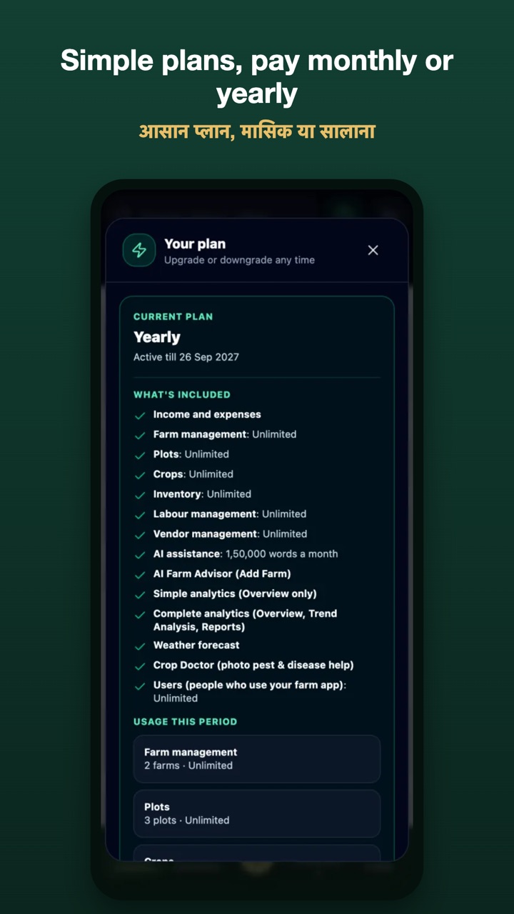 Store graphic: Simple plans, pay monthly or yearly, showing the Your plan screen