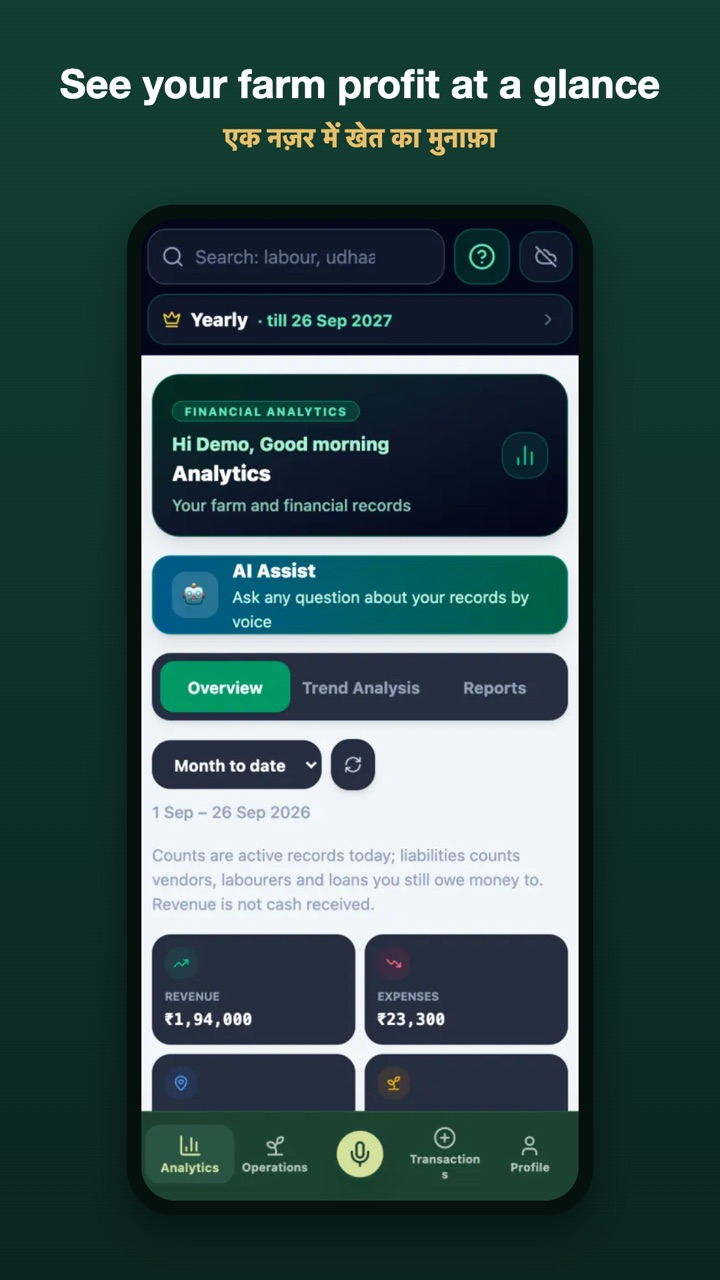 Store graphic: See your farm profit at a glance, showing the Analytics screen
