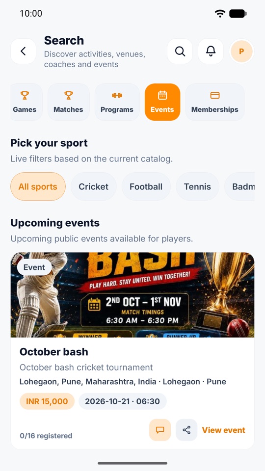 Slotify.fit app: Search screen with upcoming events