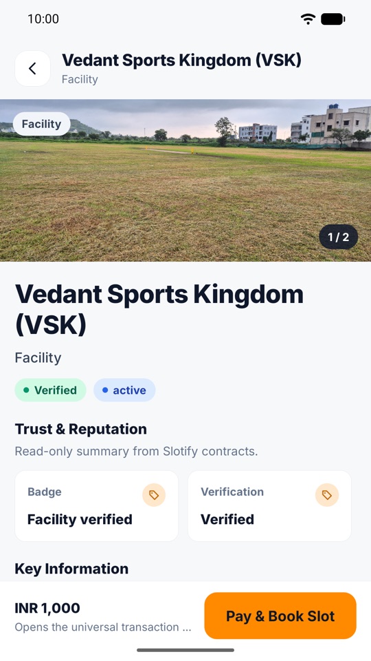Slotify.fit app: a verified facility page with Pay & Book Slot